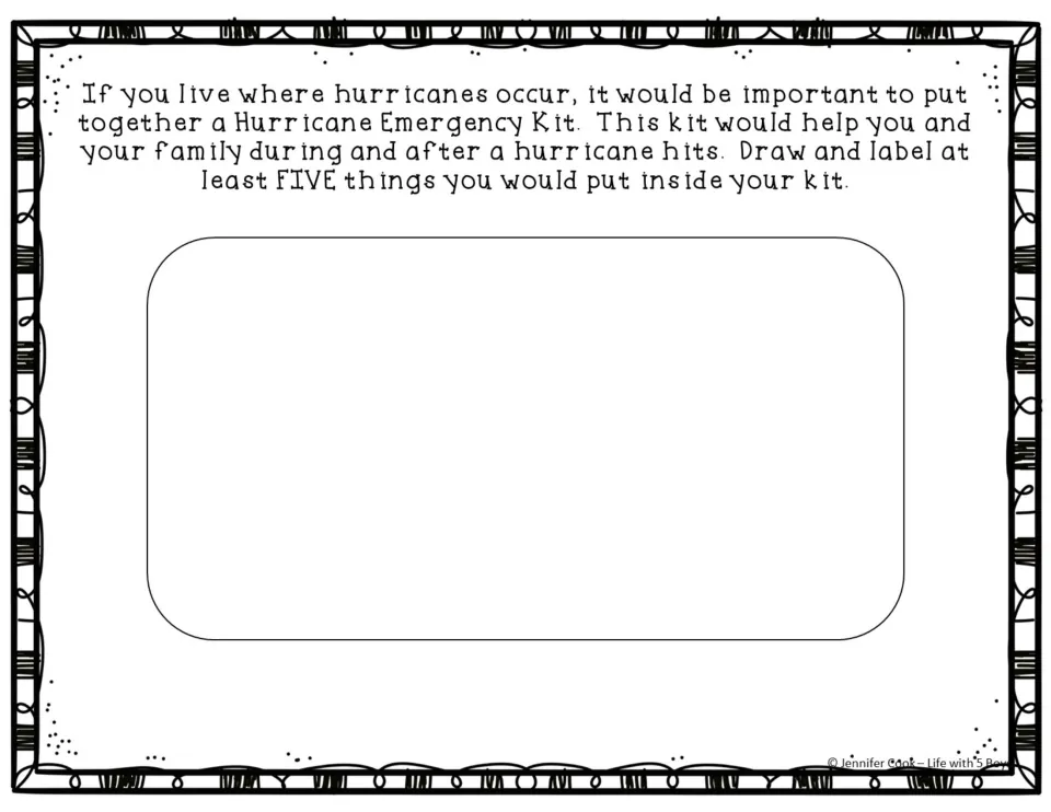 Hurricane emergency kit activity asking students to draw and label at least five items for their kit