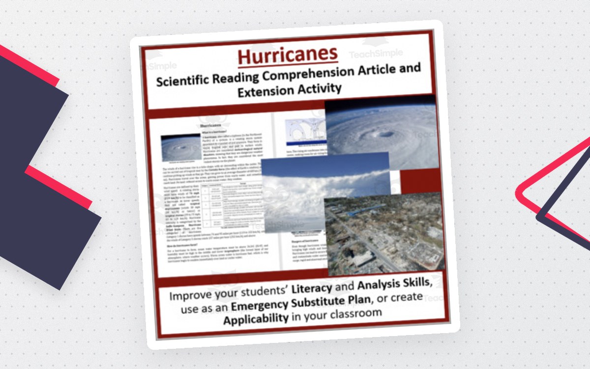 Hurricanes scientific reading cover with storm photographs, article previews, and an extension-activity label.