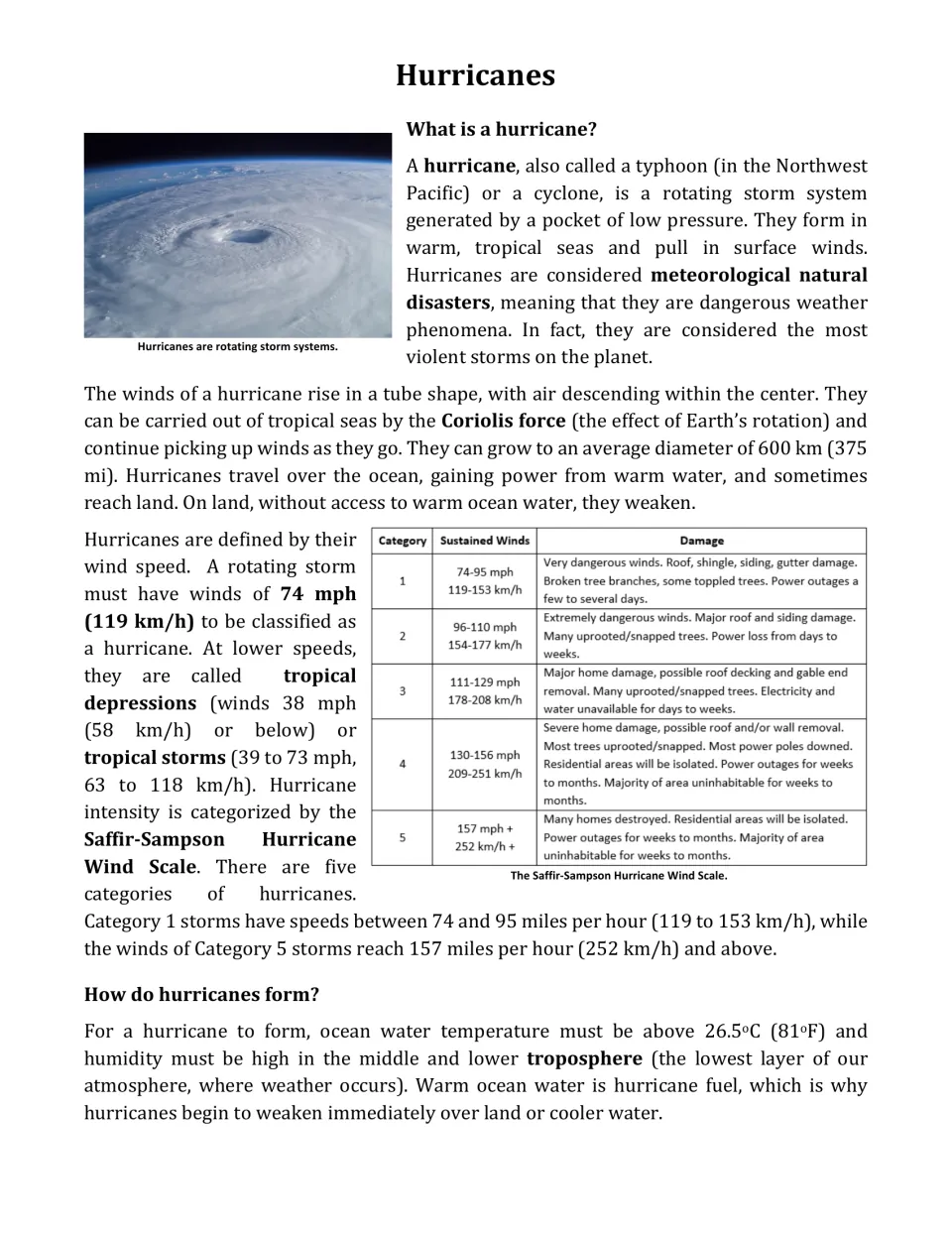 Hurricanes article opener: defines hurricanes, wind speed classes and the Saffir-Sampson scale table, then how storms form
