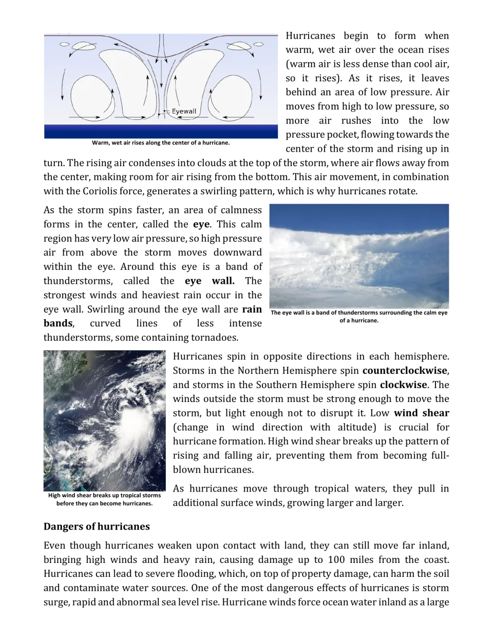 How hurricanes form: diagram of rising warm air and the eyewall, plus text on the eye, rain bands and wind shear