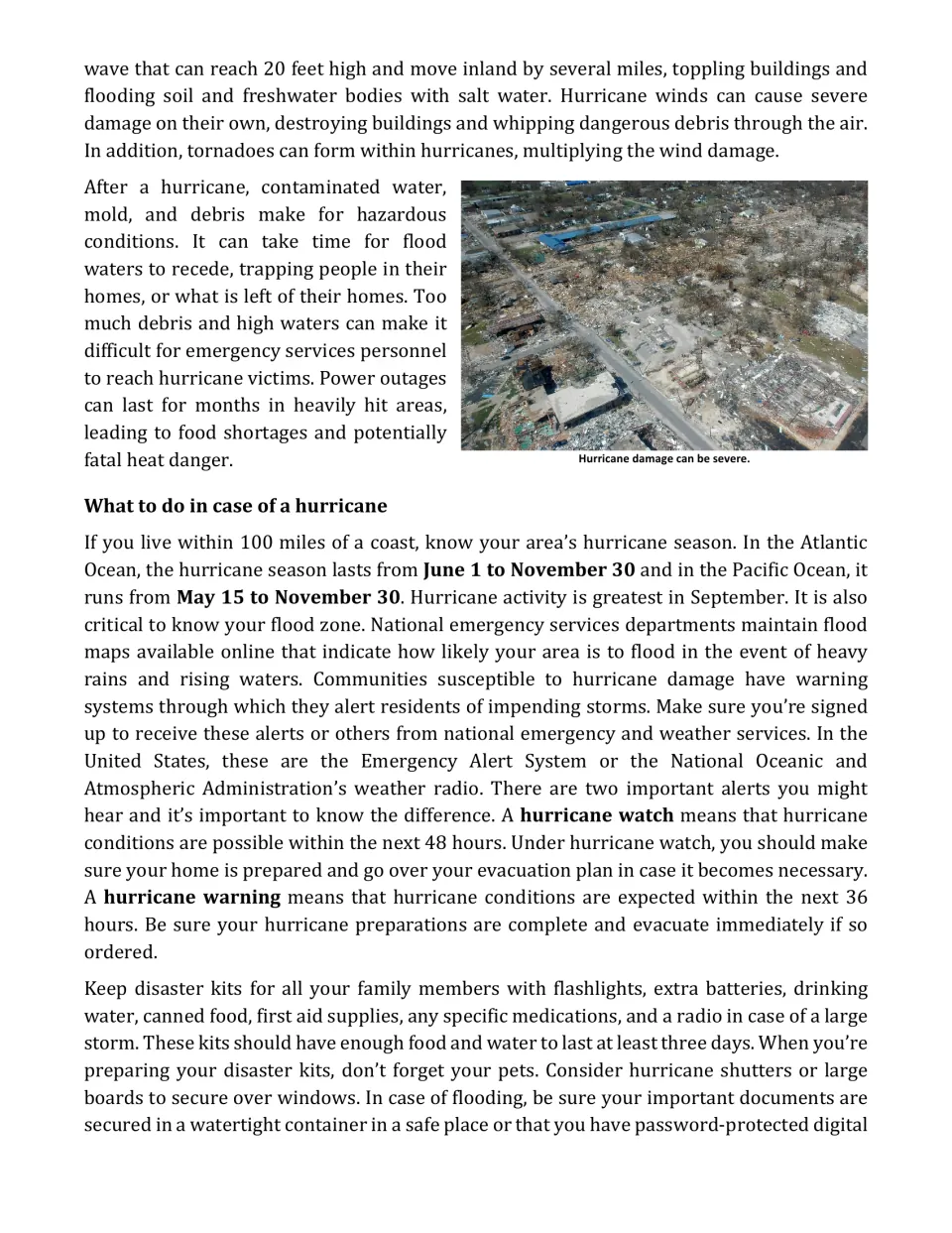 Hurricane dangers and safety: aerial photo of storm damage, season dates, flood zones, watch vs. warning and disaster kits