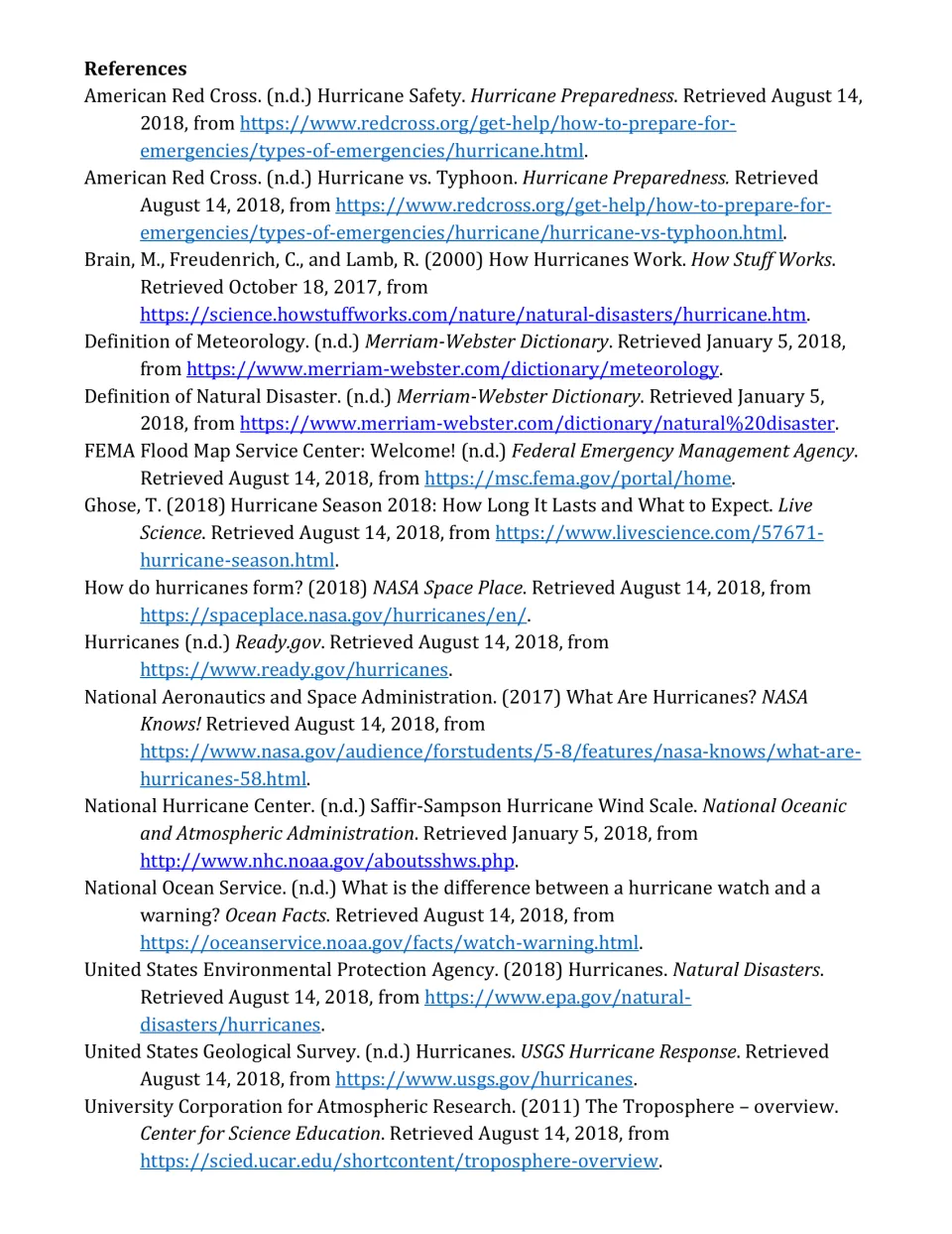 Reference list of sources for the hurricane article, citing Red Cross, NASA, NOAA, FEMA, USGS and Merriam-Webster pages