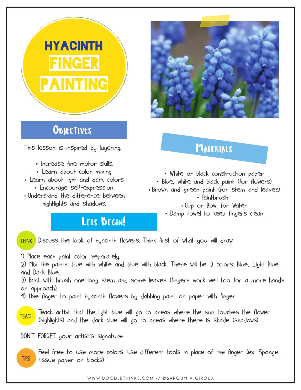 Hyacinth finger painting lesson plan: objectives, materials and steps for mixing light and dark blue and dabbing flowers