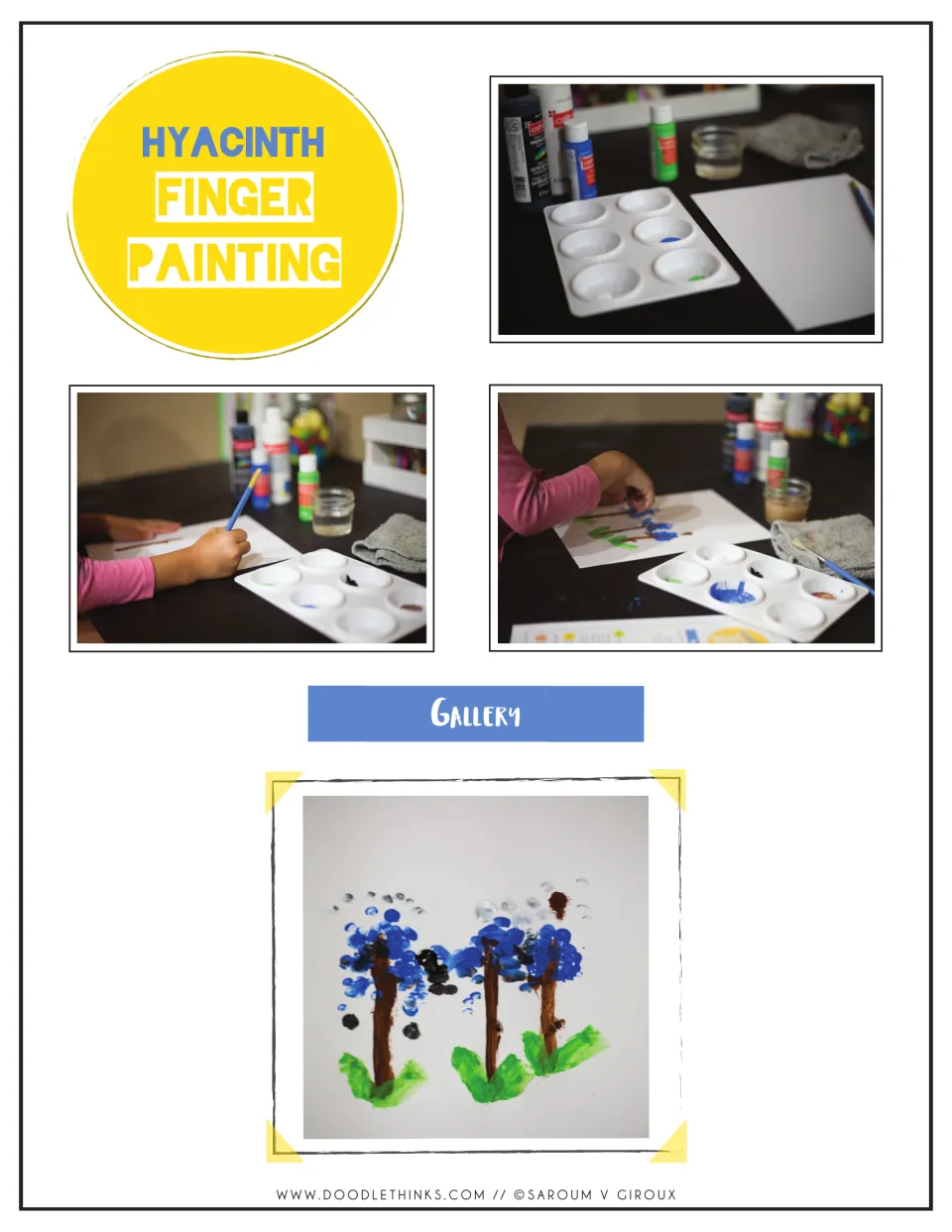 Process gallery: photos of a child brushing a stem and finger-dabbing blue flowers, plus a finished hyacinth painting
