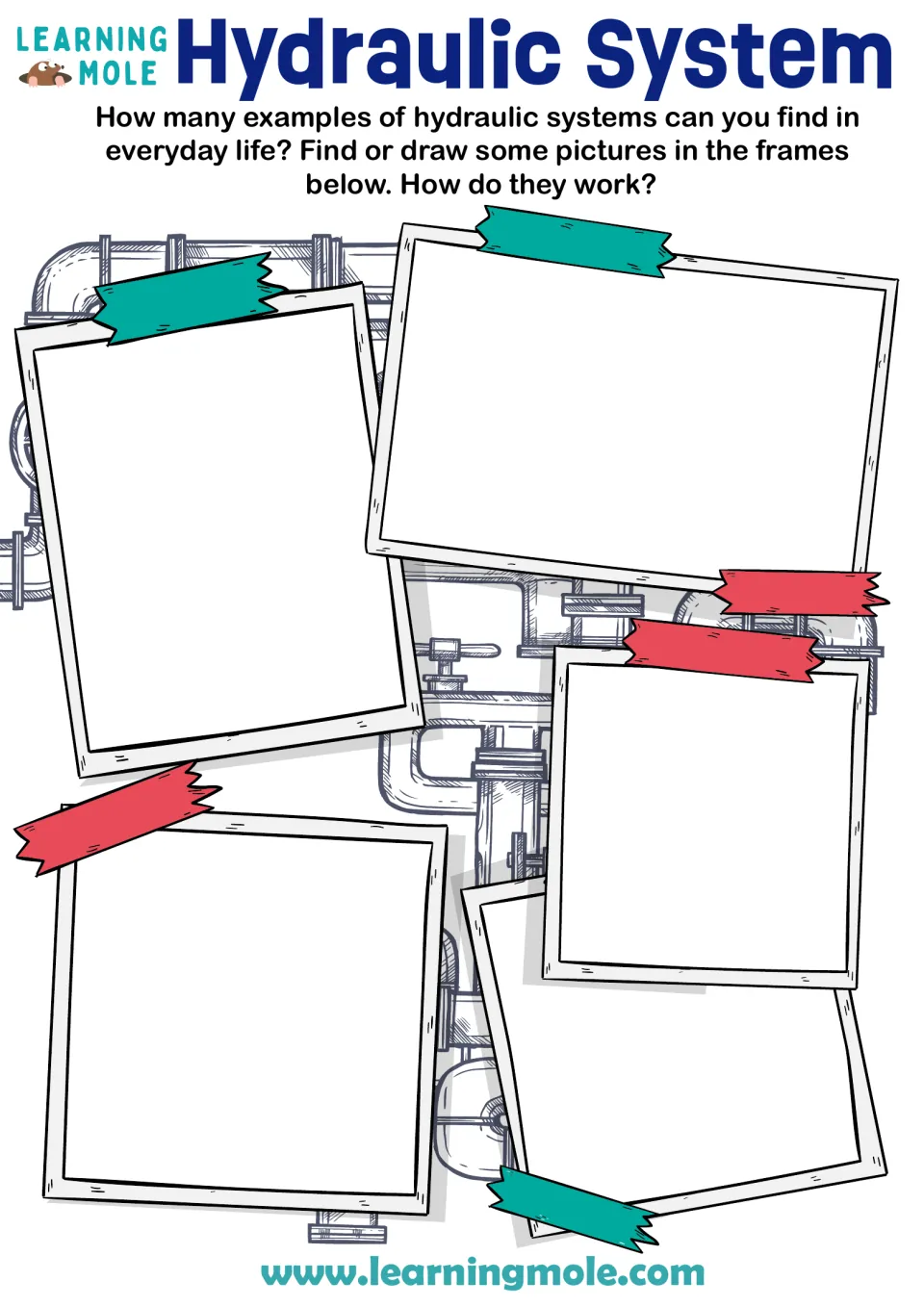Hydraulic systems in everyday life: students find or draw pictures of five real examples and explain how each one works