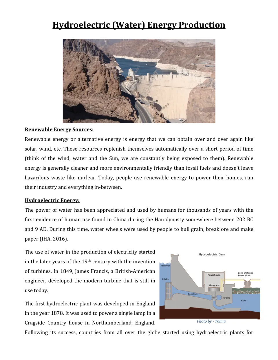 Opening reading passage on renewable energy and hydropower history, with a labeled hydroelectric dam diagram