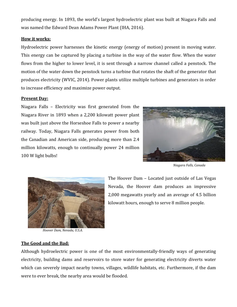 Reading continuation explains hydropower generation, Niagara Falls, Hoover Dam, and environmental drawbacks