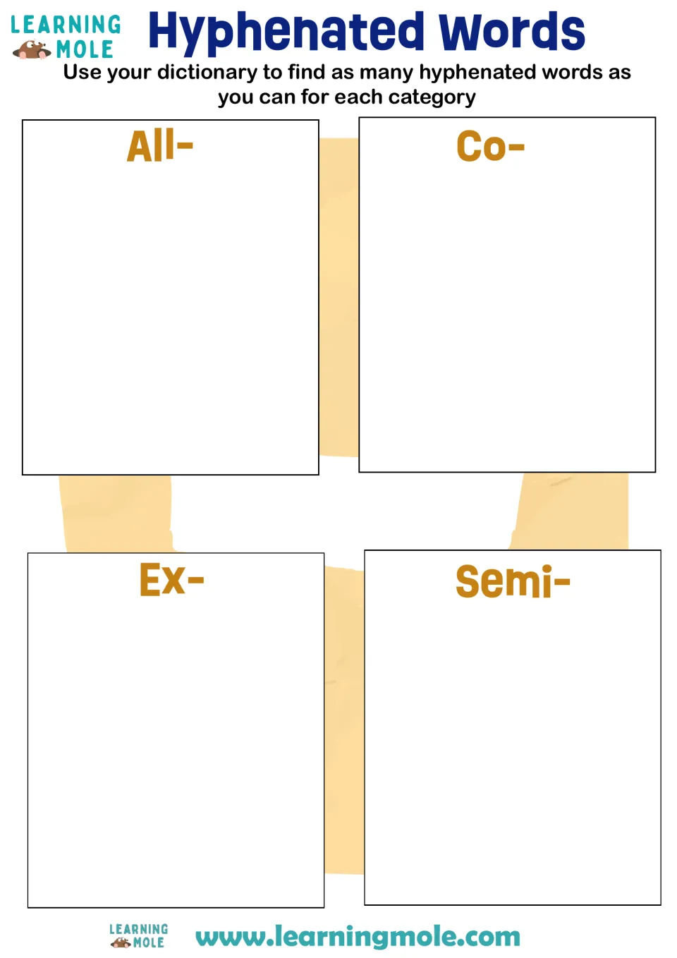 Hyphenated prefixes: students use a dictionary to list as many words as they can starting with all-, co-, ex- and semi-