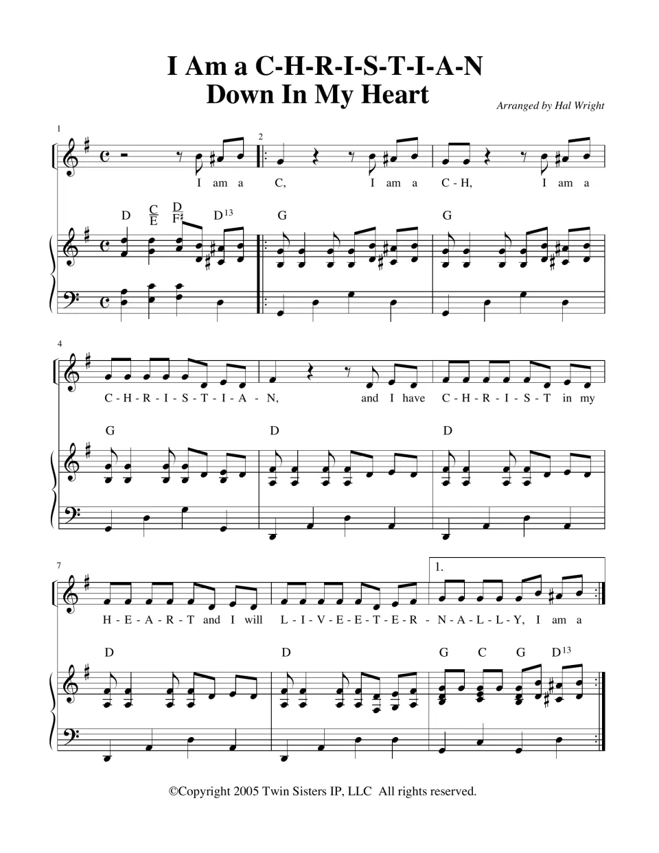 Opening of the Hal Wright arrangement: melody spelling C-H-R-I-S-T-I-A-N, piano part in G with chords, measures 1-9