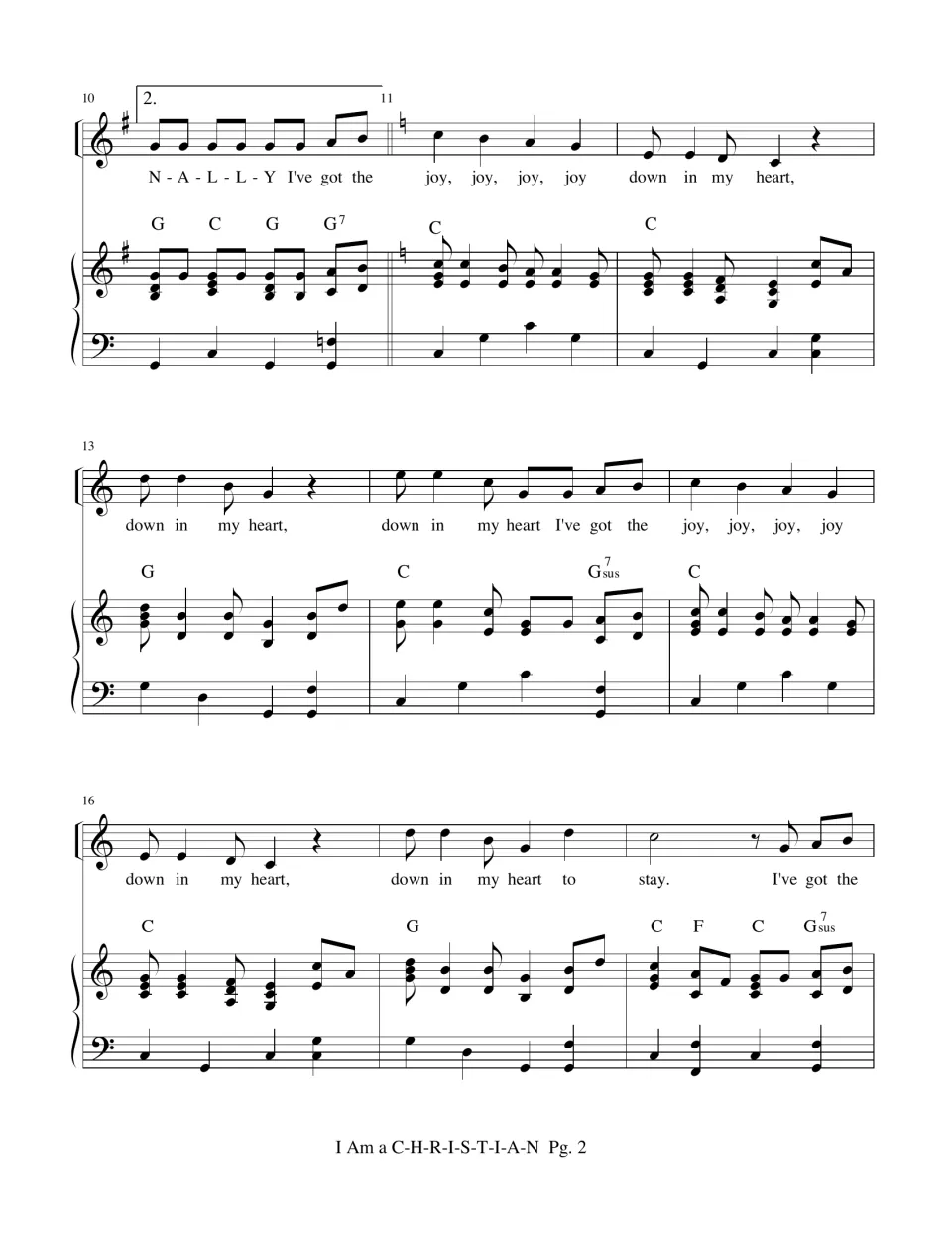 Measures 10-18: second ending, then a key change to C for the chorus 'I've got the joy... down in my heart to stay'