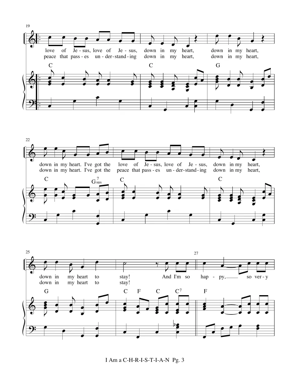 Measures 19-27 with two verses of lyrics, 'love of Jesus' and 'peace that passes understanding,' then 'And I'm so happy'
