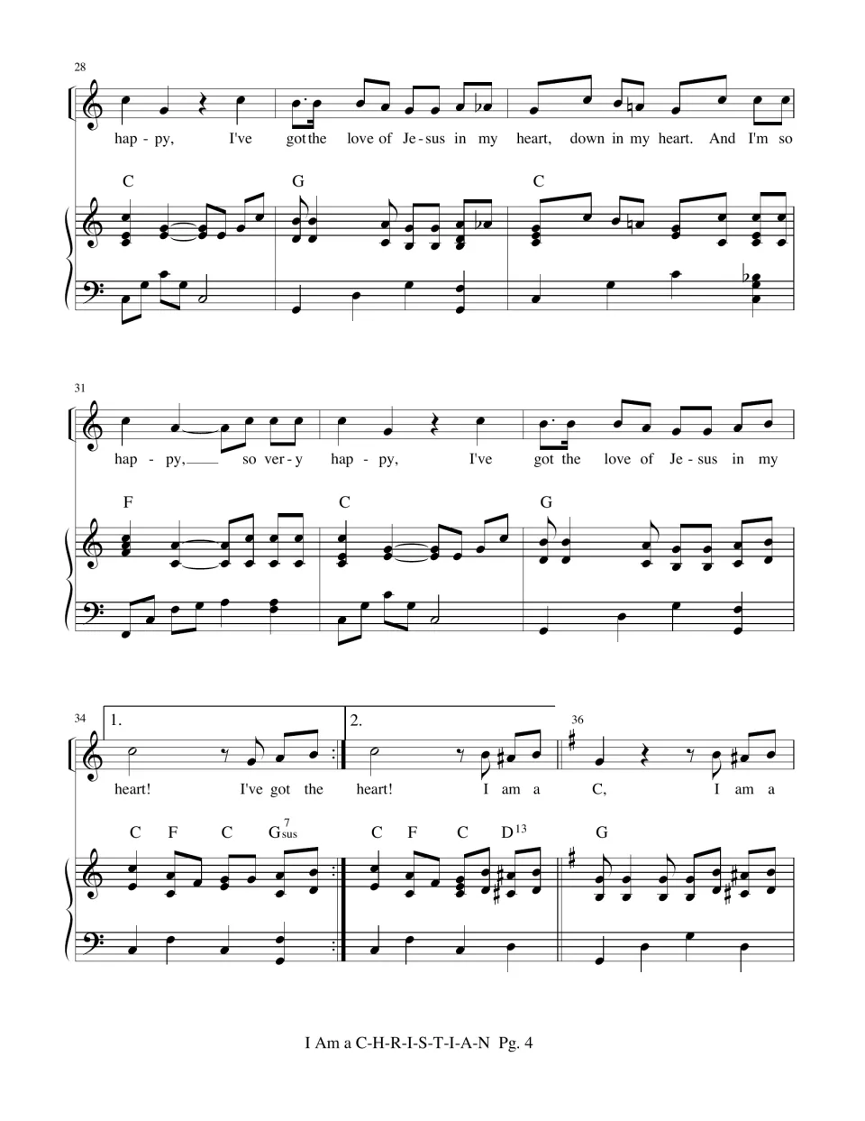Measures 28-36: 'so very happy, I've got the love of Jesus in my heart' section, first and second endings, back to G