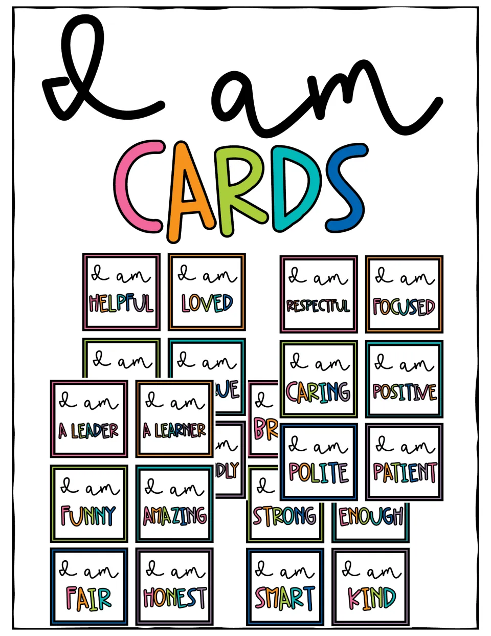 Cover of the affirmation card set titled “I am CARDS,” showing examples including helpful, loved, and kind