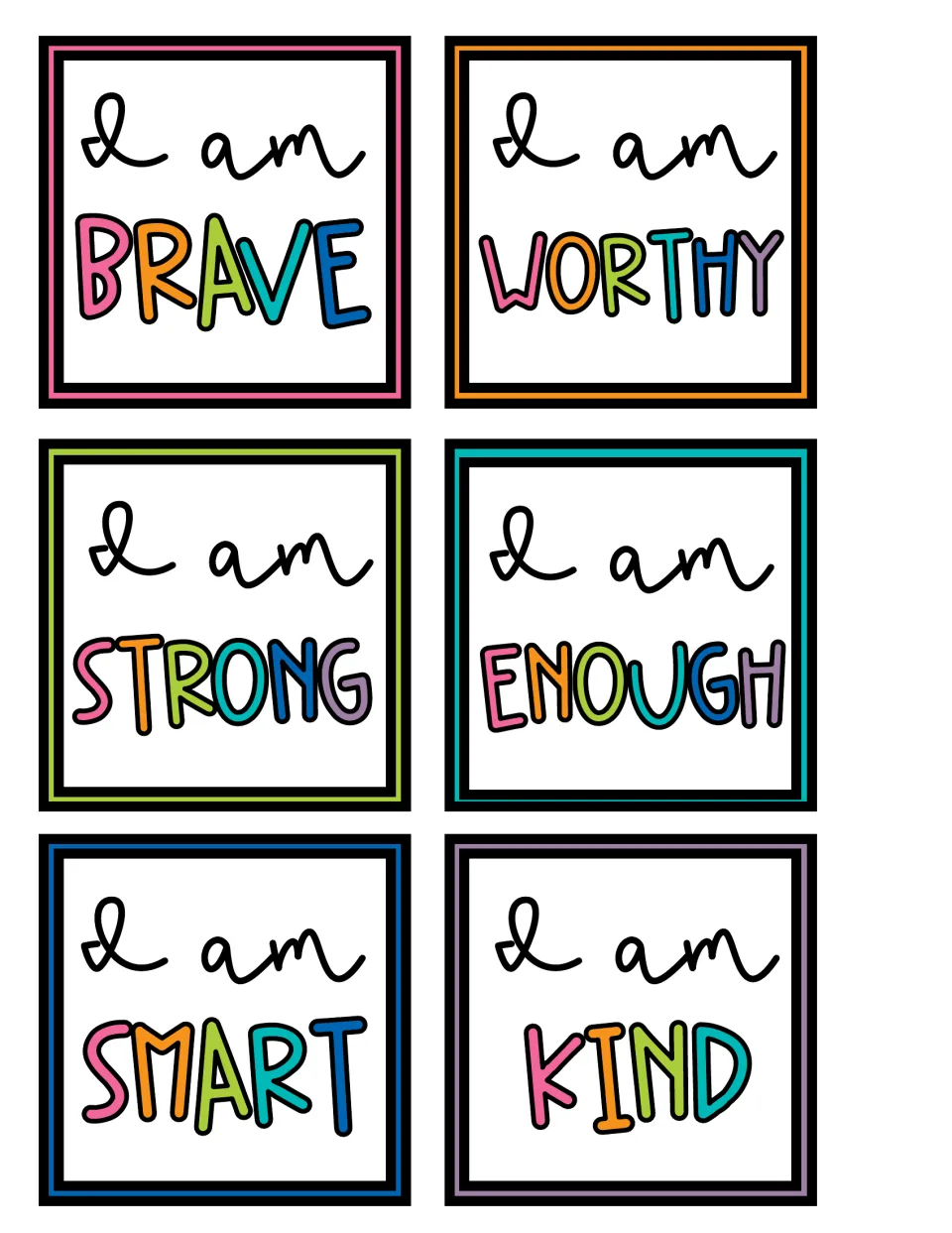 Affirmation cards 1–6 in the set, each starting with “I am”: brave, worthy, strong, enough, smart, and kind