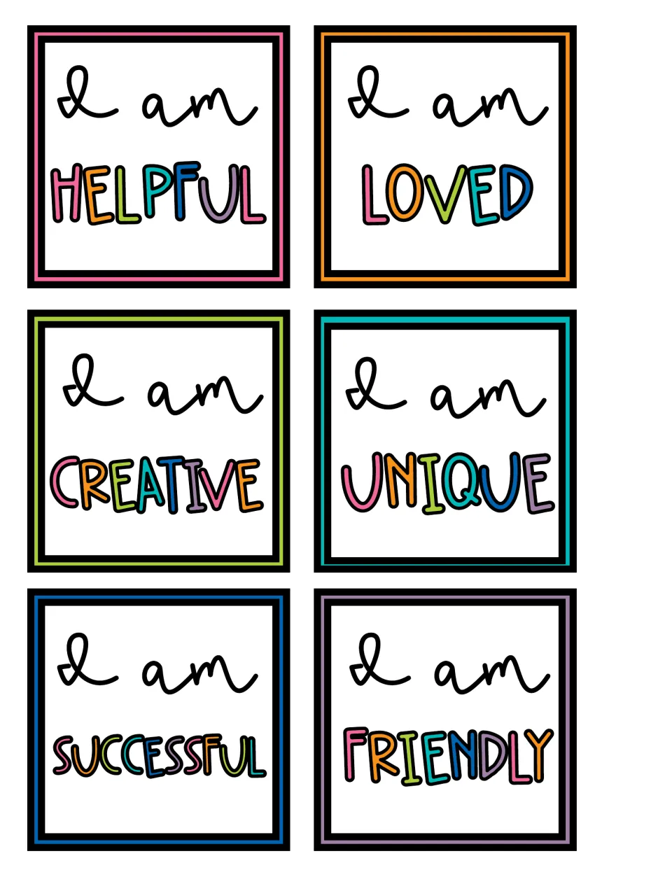 Affirmation cards 7–12, each starting with “I am”: helpful, loved, creative, unique, successful, and friendly