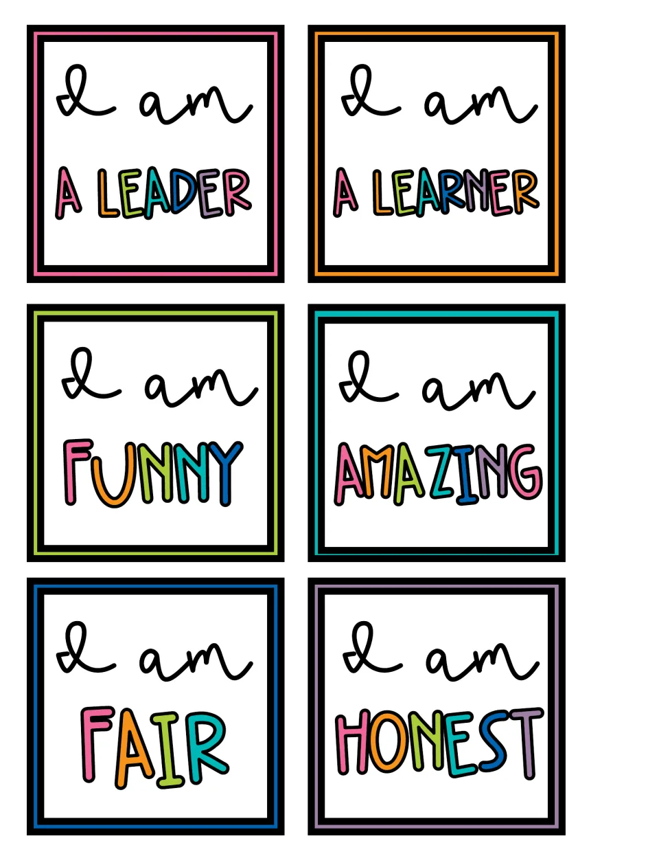 Affirmation cards 13–18, each starting with “I am”: a leader, a learner, funny, amazing, fair, and honest