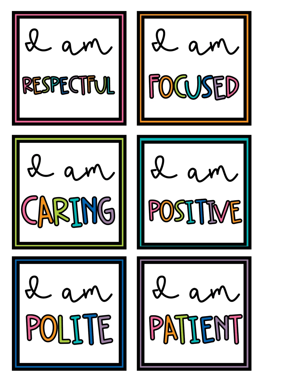 Affirmation cards 19–24, each starting with “I am”: respectful, focused, caring, positive, polite, and patient