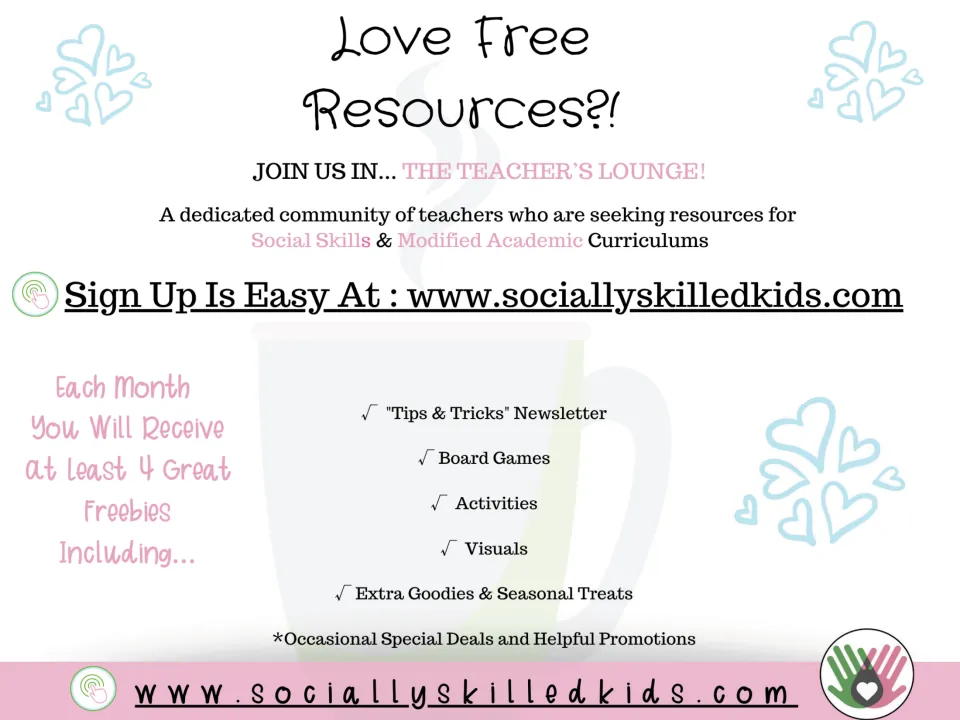 Love Free Resources?! ad for The Teacher's Lounge sign-up listing monthly freebies like newsletters, games and visuals