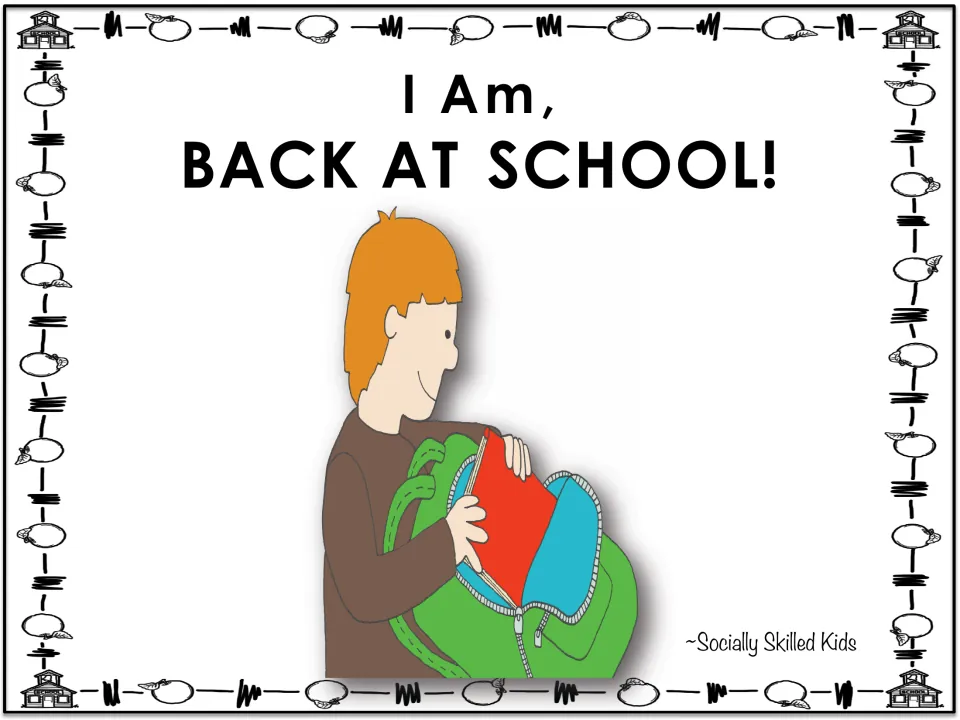 Back-to-school story cover option showing a smiling boy taking a red folder out of a green backpack