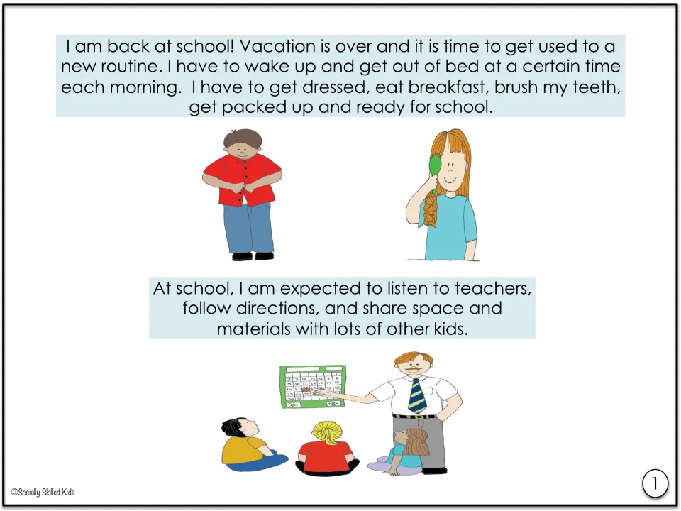 Social story page 1 on new routines: waking up, dressing and brushing teeth, listening to teachers and sharing at school