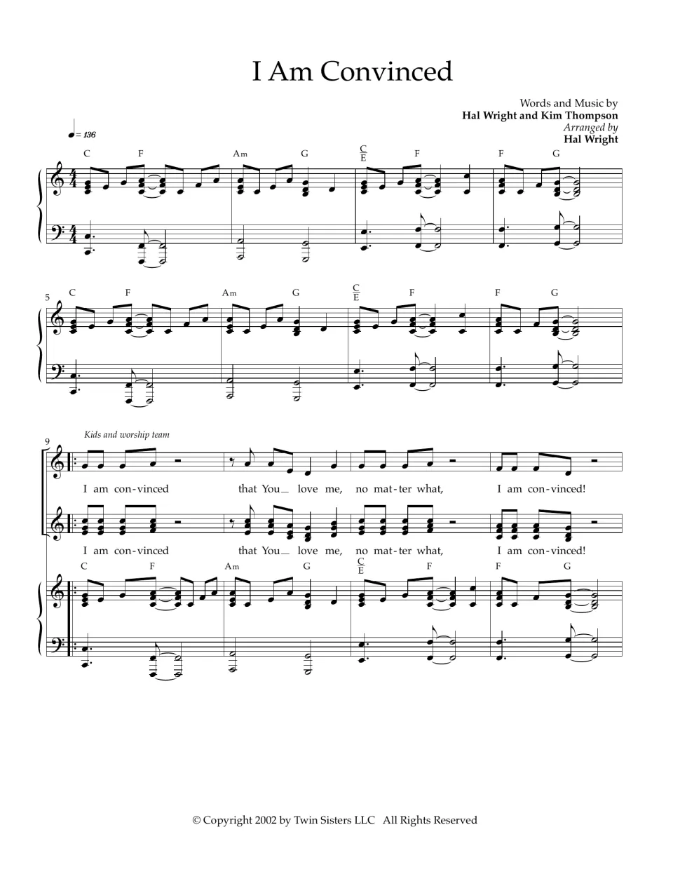 Song score opening: piano intro in C at 136 bpm, then kids and worship team sing "I am convinced that You love me"