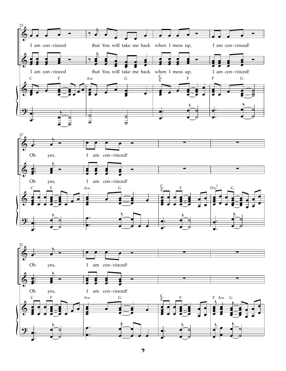 Verse lyric "You will take me back when I mess up" then "Oh yes, I am convinced!" refrain, two vocal parts over piano