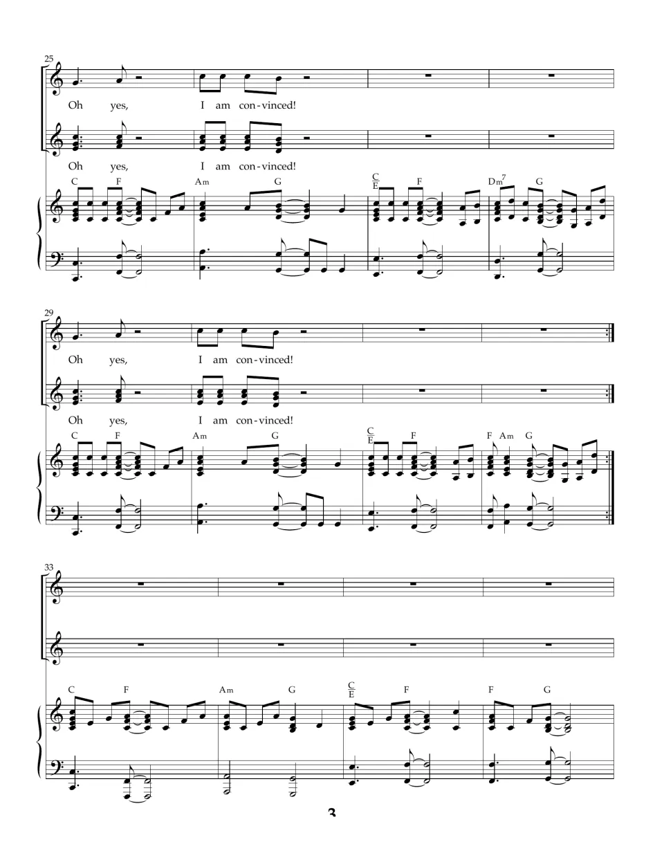 Refrain "Oh yes, I am convinced!" bars 25 to 32 ending in a repeat sign, then a piano-only interlude from bar 33