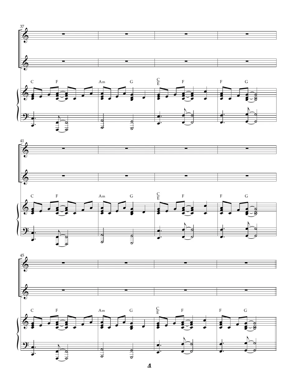 Piano interlude, bars 37 to 48: vocal parts rest while the accompaniment repeats the C, F, Am, G chord pattern