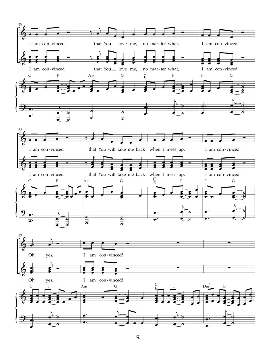 Vocal return, bars 49 to 60: singers repeat "I am convinced that You love me, no matter what" and the second verse line