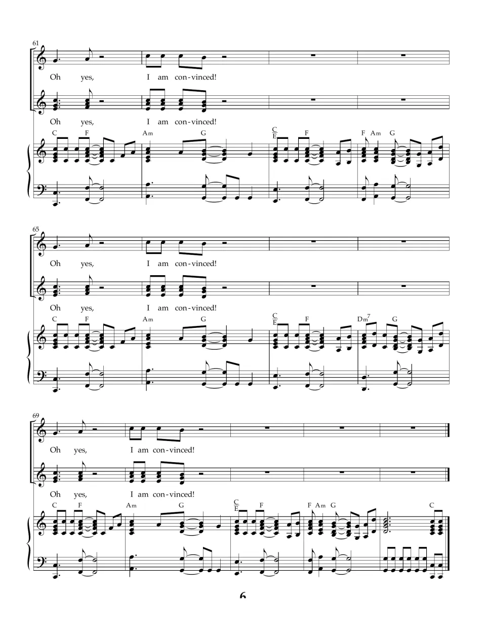 Closing refrain, bars 61 to 73: "Oh yes, I am convinced!" sung three times before the piano's final C chord ending