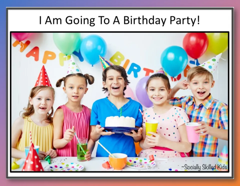 I Am Going To A Birthday Party! social story cover showing five smiling children in party hats around a cake