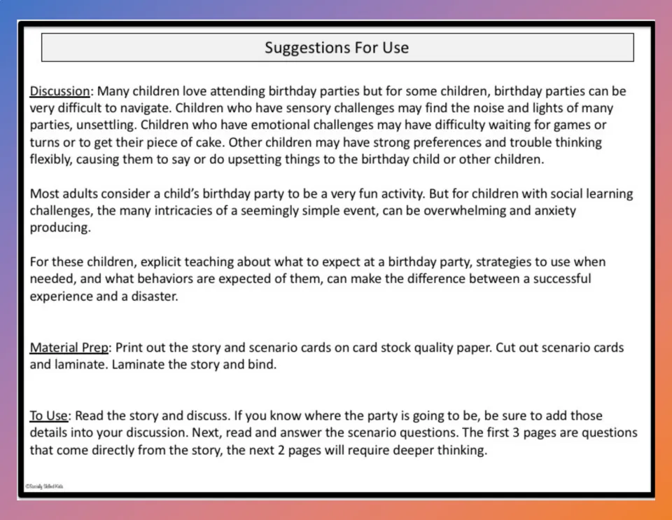 Suggestions for use: why parties can overwhelm some children, material prep and steps for reading the story and scenarios