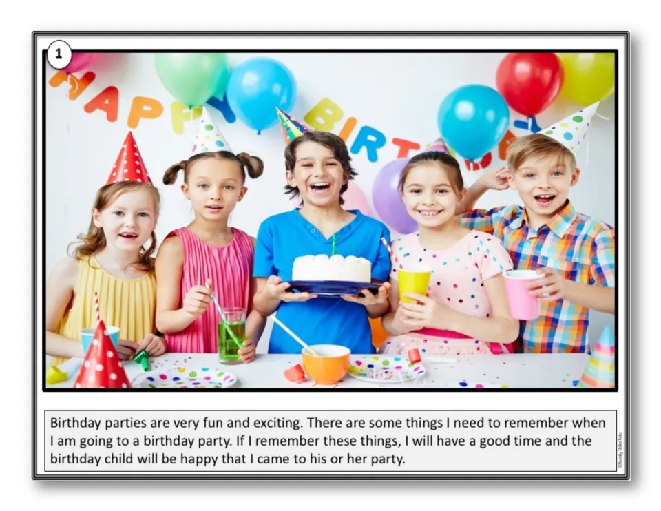 Story page 1 introduces party expectations beside a photo of five children in party hats gathered around a cake