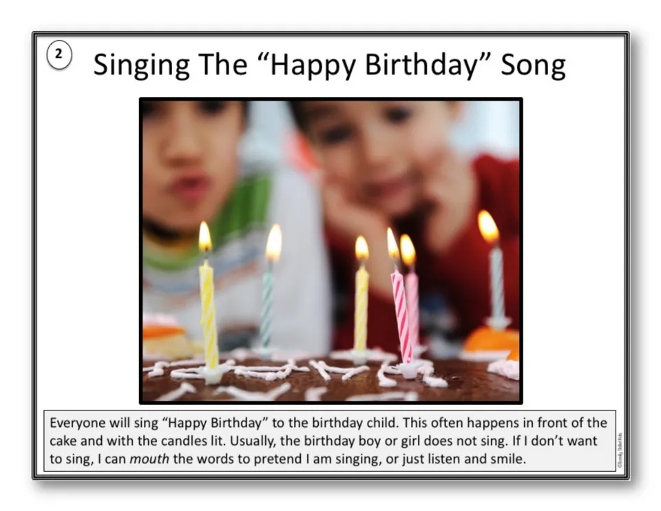 Story page 2, Singing the Happy Birthday Song: guests sing to the birthday child and may mouth the words or just smile