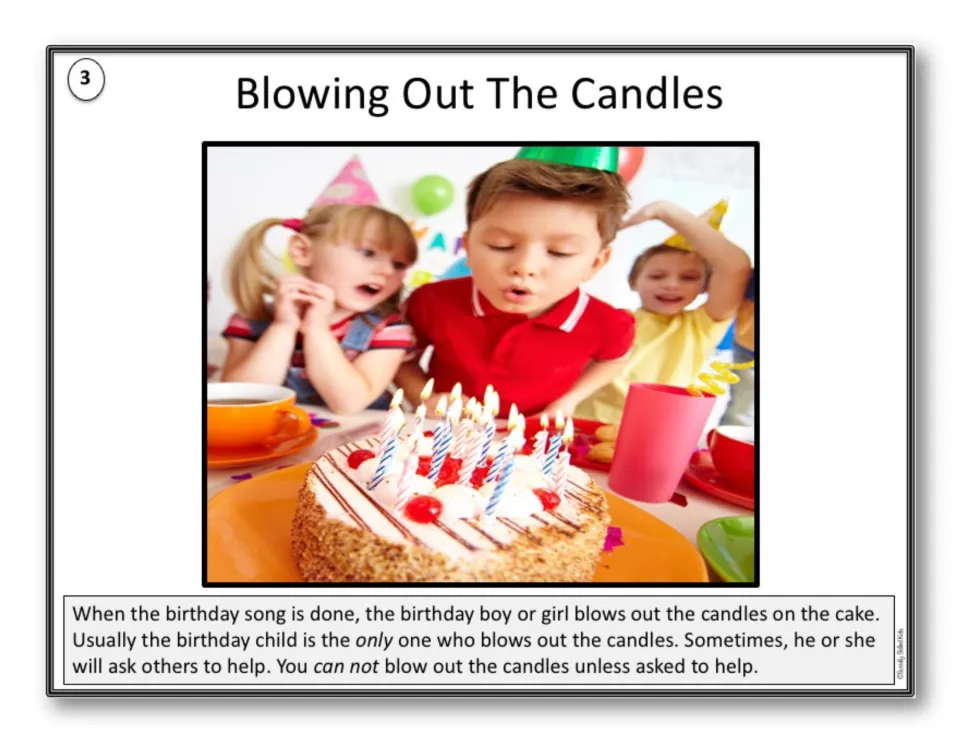 Story page 3, Blowing Out the Candles: only the birthday child blows out candles unless asked to help, shown in a photo
