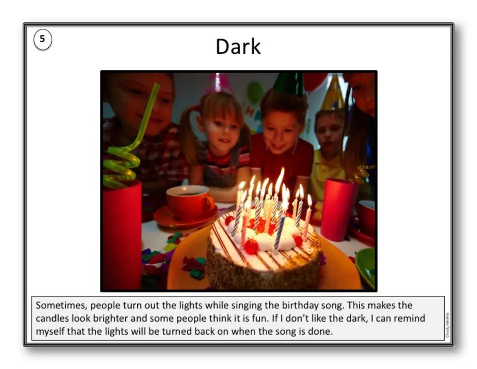 Story page 5, Dark: lights may go out during the song, and the child reminds themself they will come back on afterward