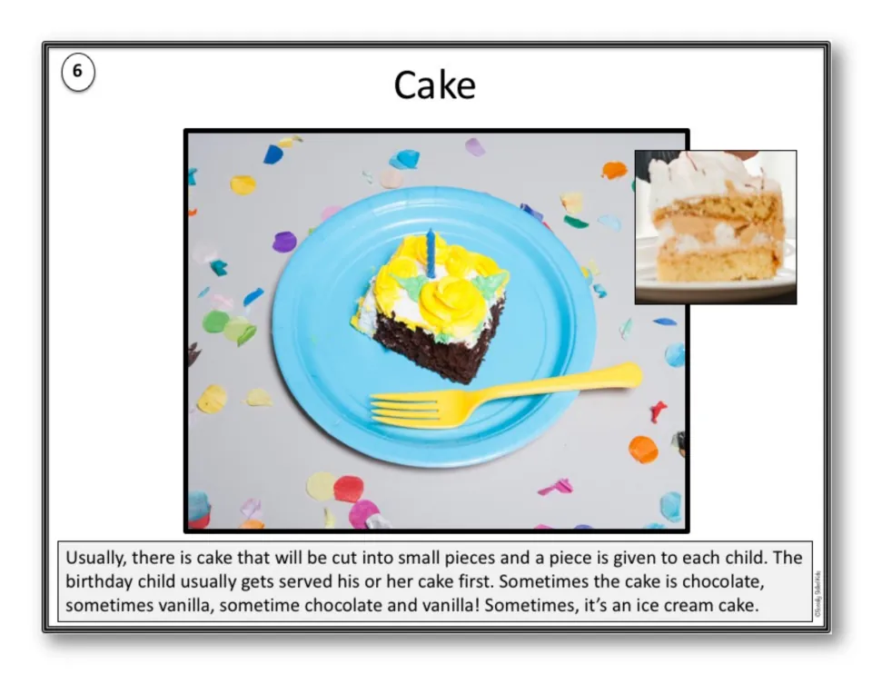 Story page 6, Cake: cake is cut into small pieces, the birthday child is served first, and flavors can vary