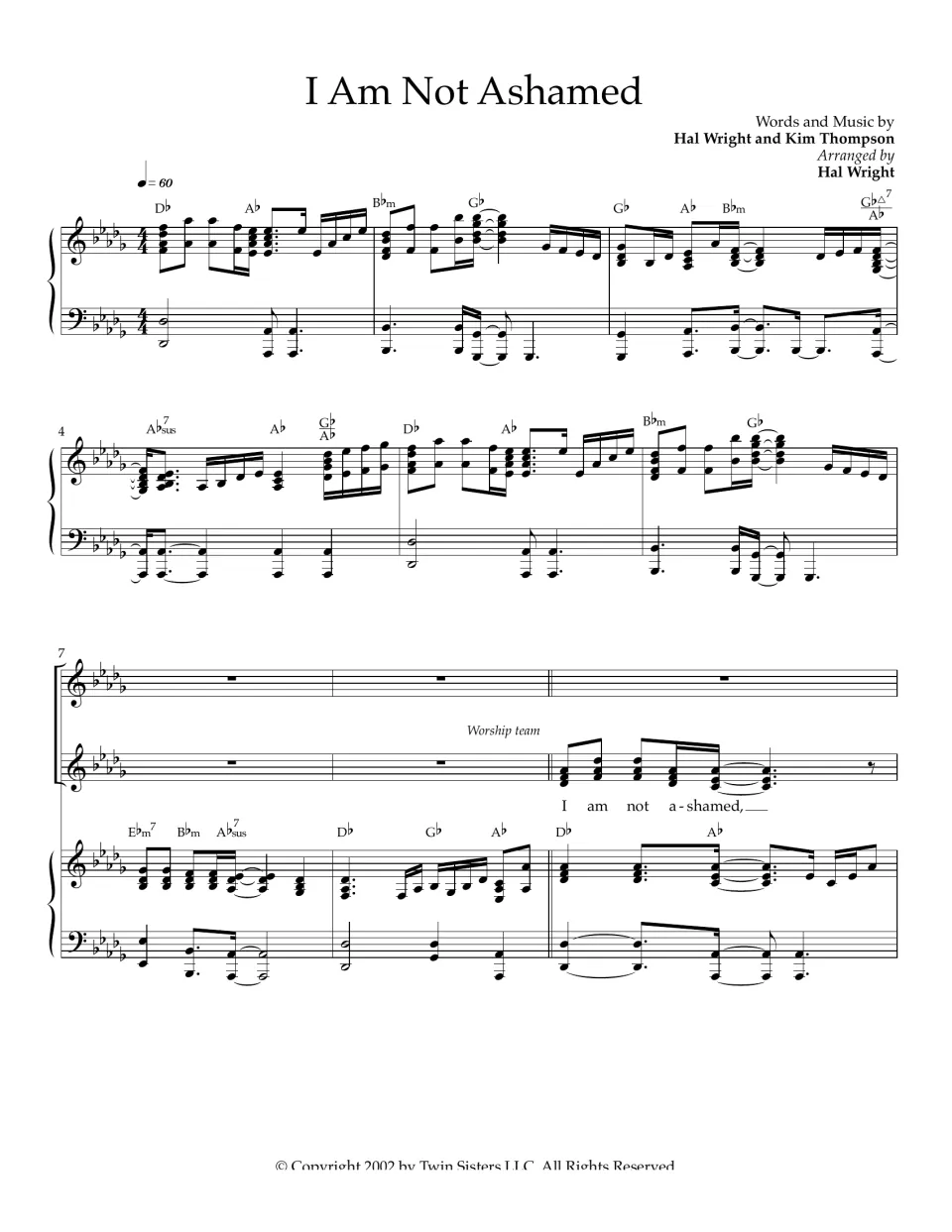 I Am Not Ashamed score opening: piano intro in D-flat at quarter = 60, then the worship team enters on the refrain