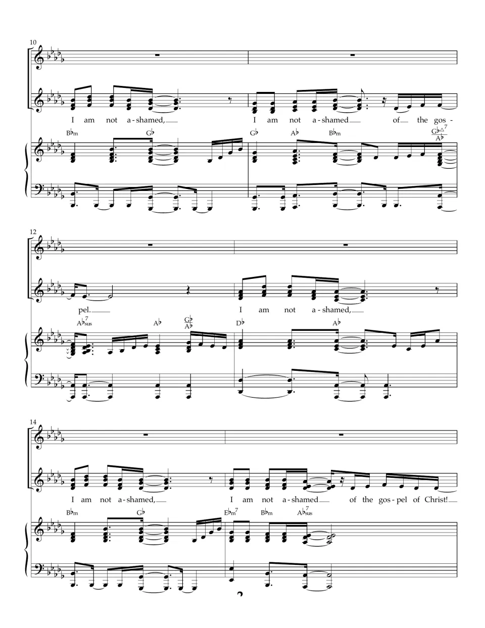 Bars 10-15: worship team sings the refrain line twice, ending on 'of the gospel of Christ!' over piano chords