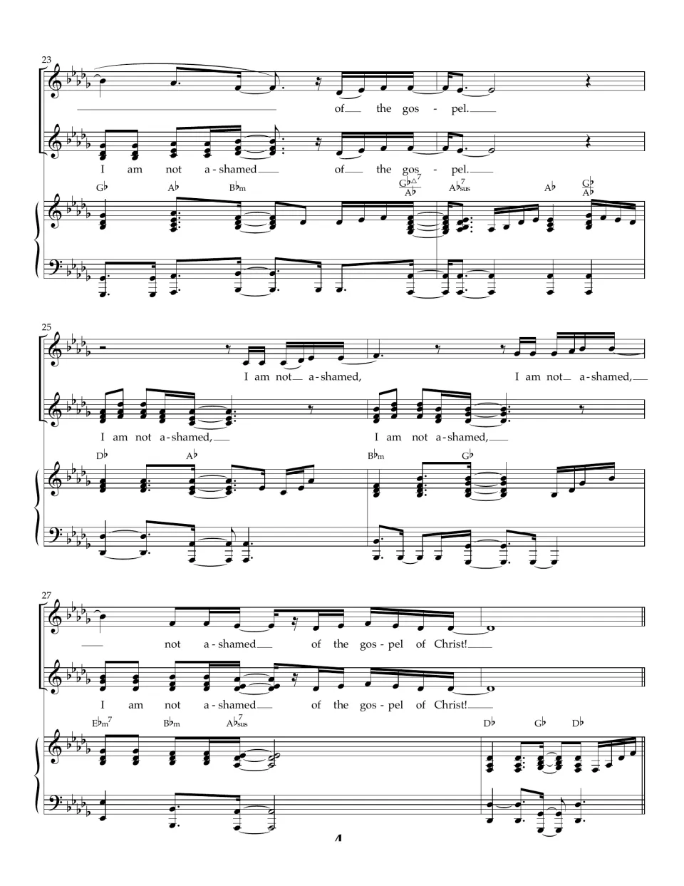 Bars 23-28: kids and worship team sing the refrain together, closing on 'of the gospel of Christ!' back in D-flat