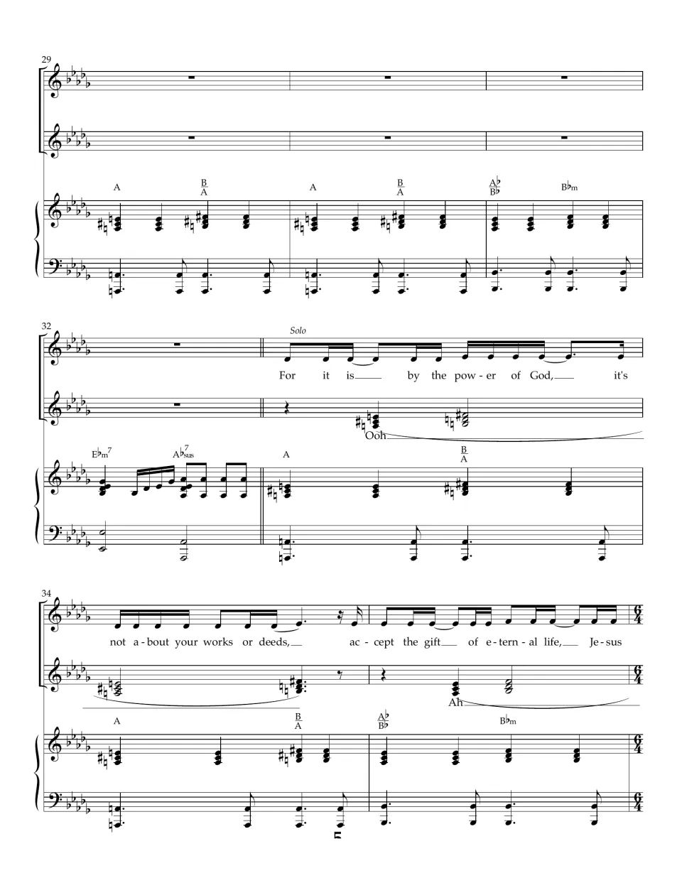 Bars 29-35: piano interlude, then second solo verse 'not about your works or deeds' with 'Ooh' and 'Ah' backing