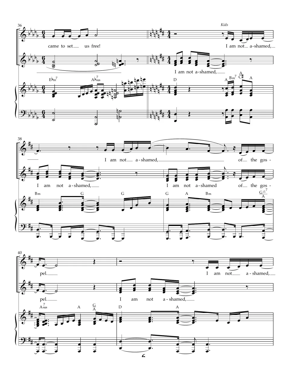 Bars 36-41: verse ends in 6/4, then a key change to D major as kids and worship team restart the refrain