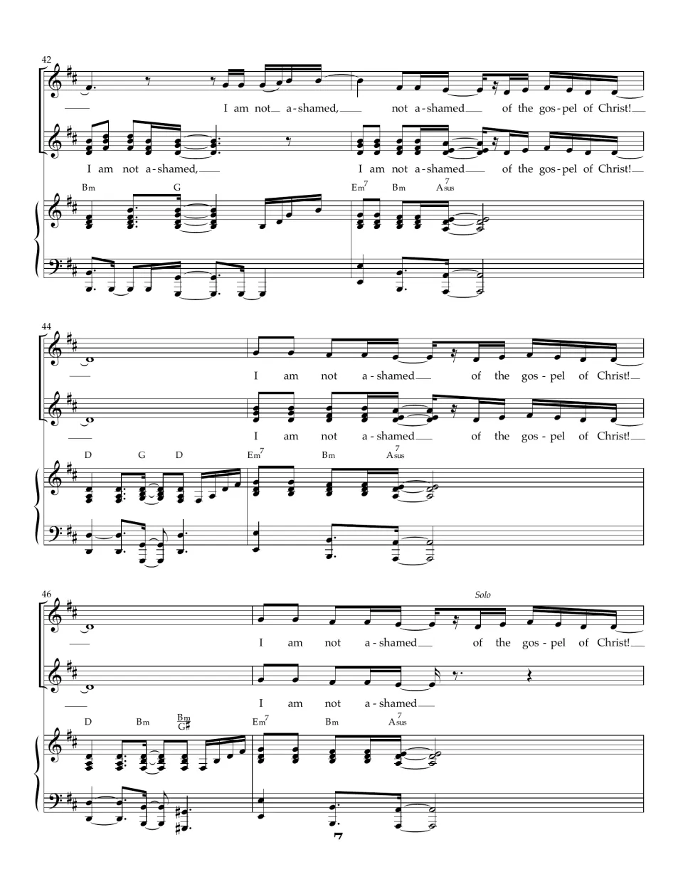 Bars 42-47: in D major, both vocal parts repeat the closing refrain line; solo takes the final phrase at bar 47