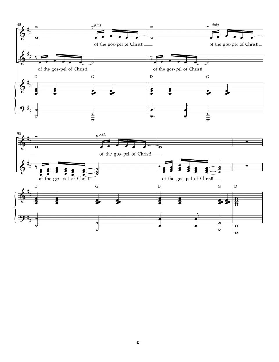 Bars 48-52: final ending where kids and solo trade 'of the gospel of Christ!' before the closing D major chord