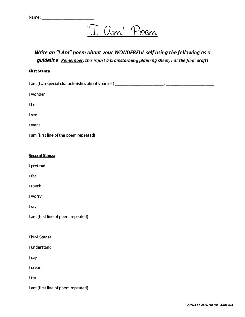 "I Am" Poem Writing Template – cover