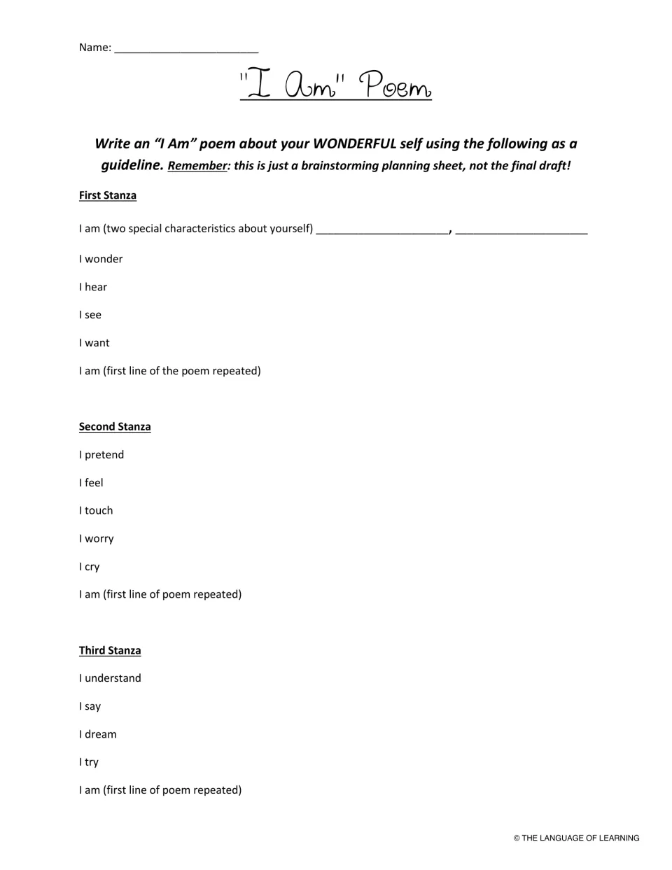 I Am poem planning sheet: students brainstorm three stanzas of lines like I wonder, I hear, I dream to describe themselves
