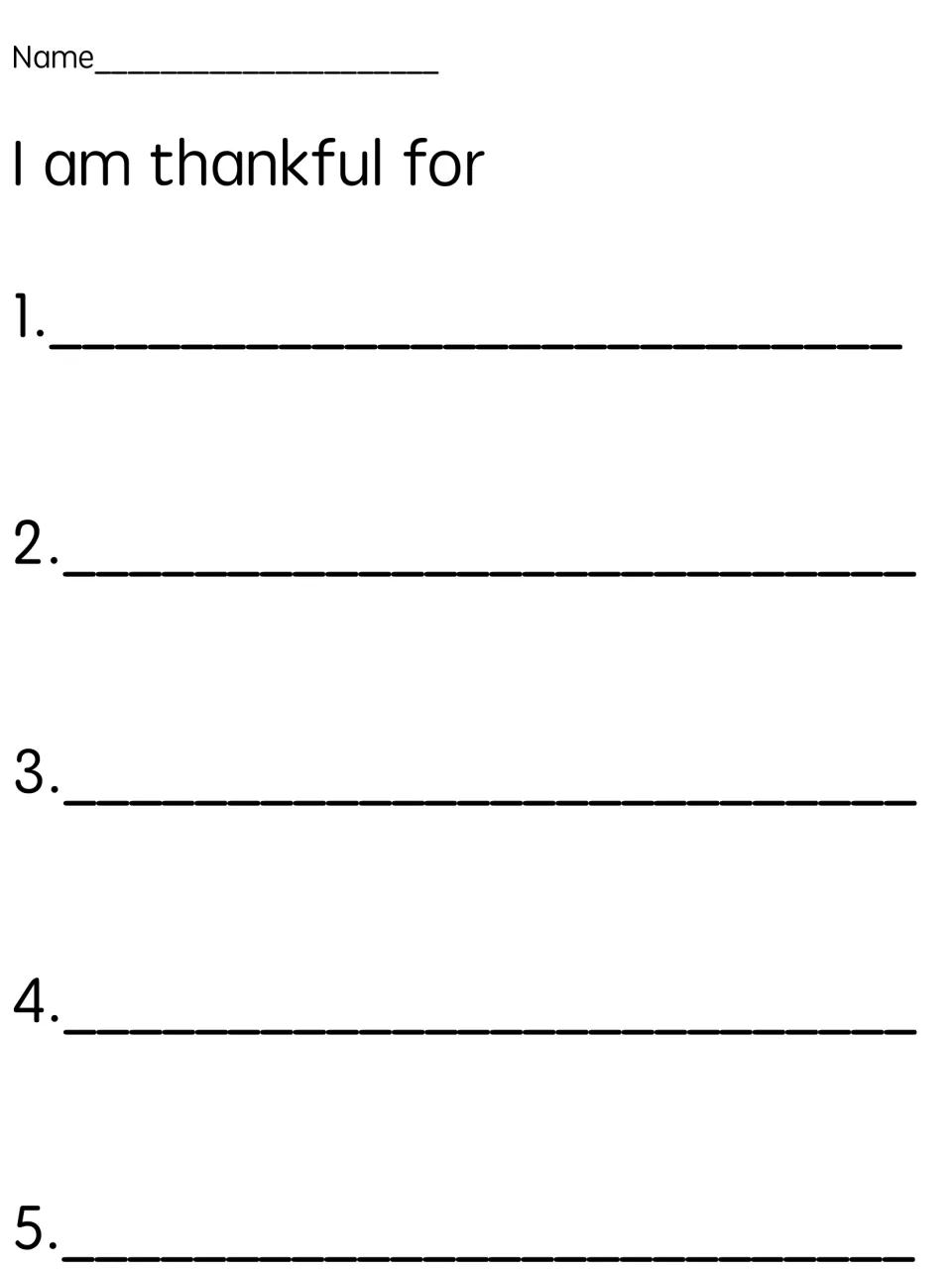 Full-page version headed "I am thankful for": students write their name and list five things they feel grateful for