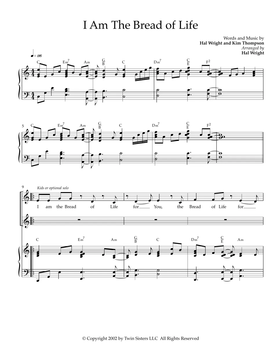 I Am the Bread of Life sheet music, measures 1-11: piano intro in C, then kids or solo voice sing the opening chorus line