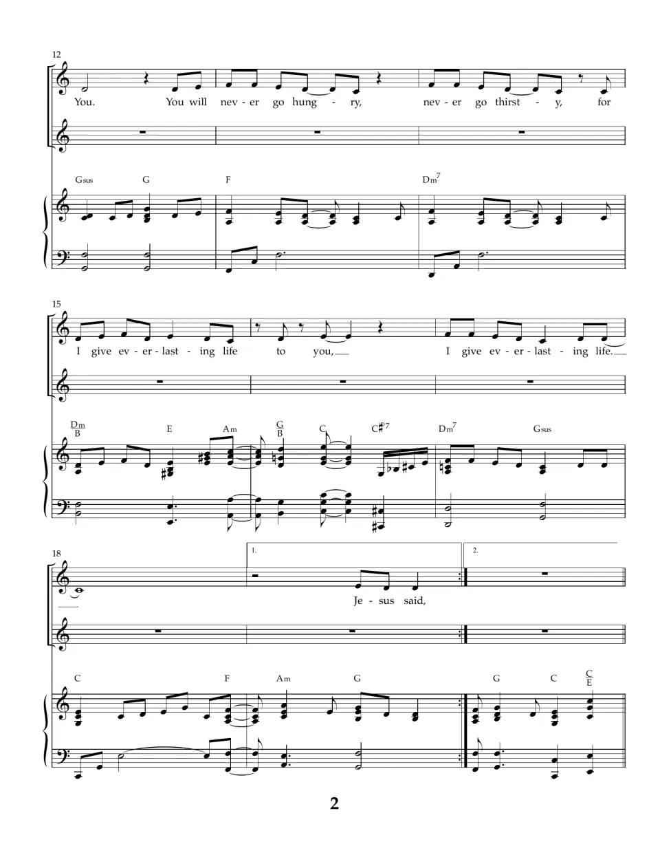 Measures 12-20: melody with piano chords for 'You will never go hungry' and 'I give everlasting life', then Jesus said