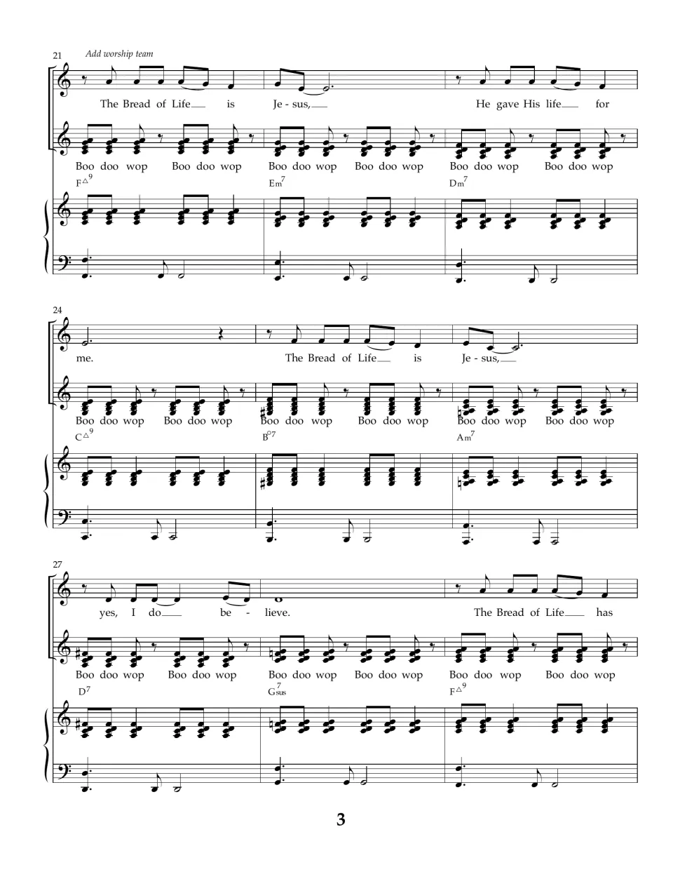 Measures 21-29: worship team adds 'Boo doo wop' backing vocals under 'The Bread of Life is Jesus, yes, I do believe'